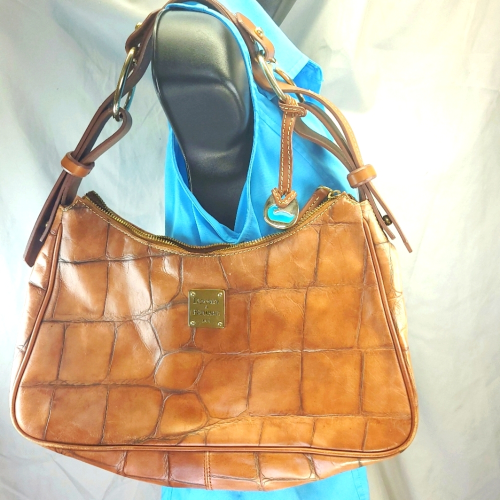 Dooney & Bourke Cognac Croc-Embossed Leather Shoulder Bag with Tan Trim